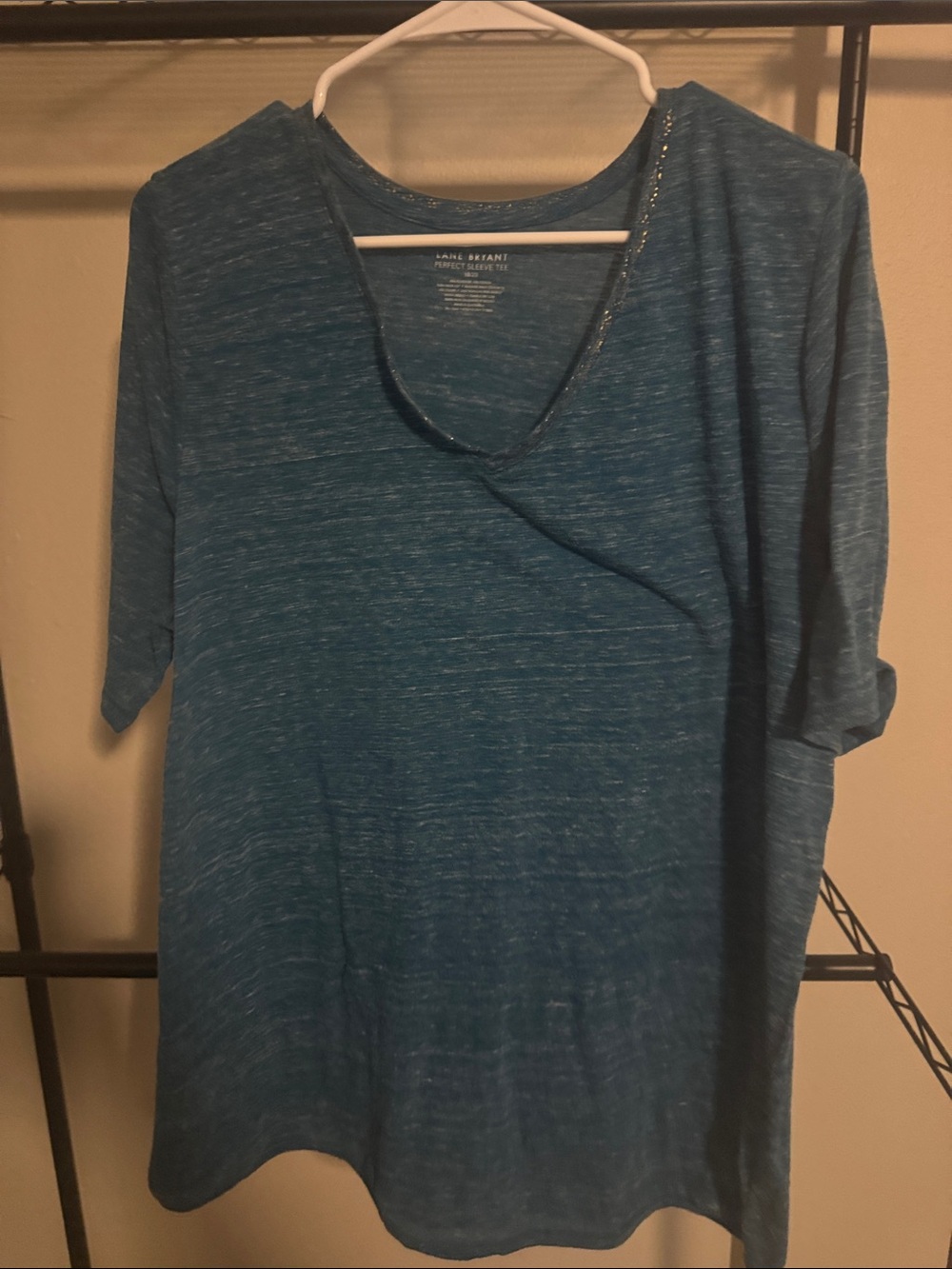 Lane Bryant Teal Heathered V-Neck Short Sleeve Top